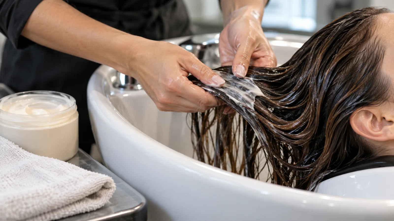 Cabeleireira aplicando máscara de hidratação no cabelo