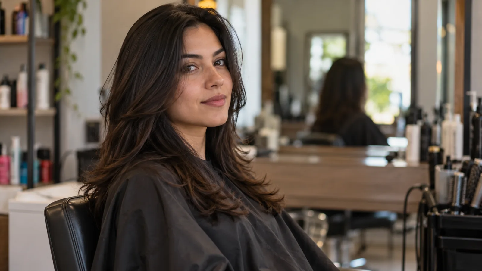 Mulher com cabelo longo em camadas